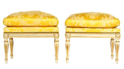 Pair French Louis XVI Carved Painted & Gilt Stools