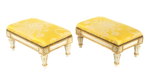 Pair French Louis XVI Carved Painted & Gilt Foot Stools