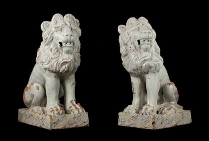 Pair Large Italian Faience Terracotta Lions