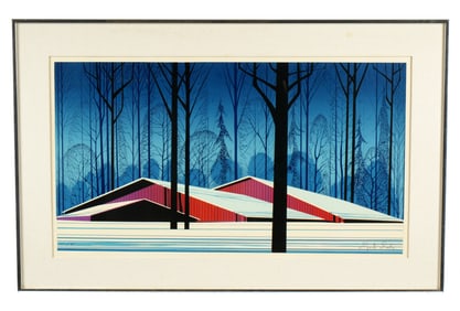 1982 Eyvind Earle Winter Barns Serigraph