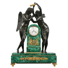 French Figural Bronze and Malachite Mantle Clock