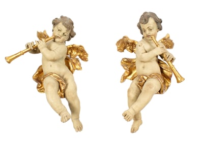 Pair Large Carved Painted and Gilt Wood Cherubs