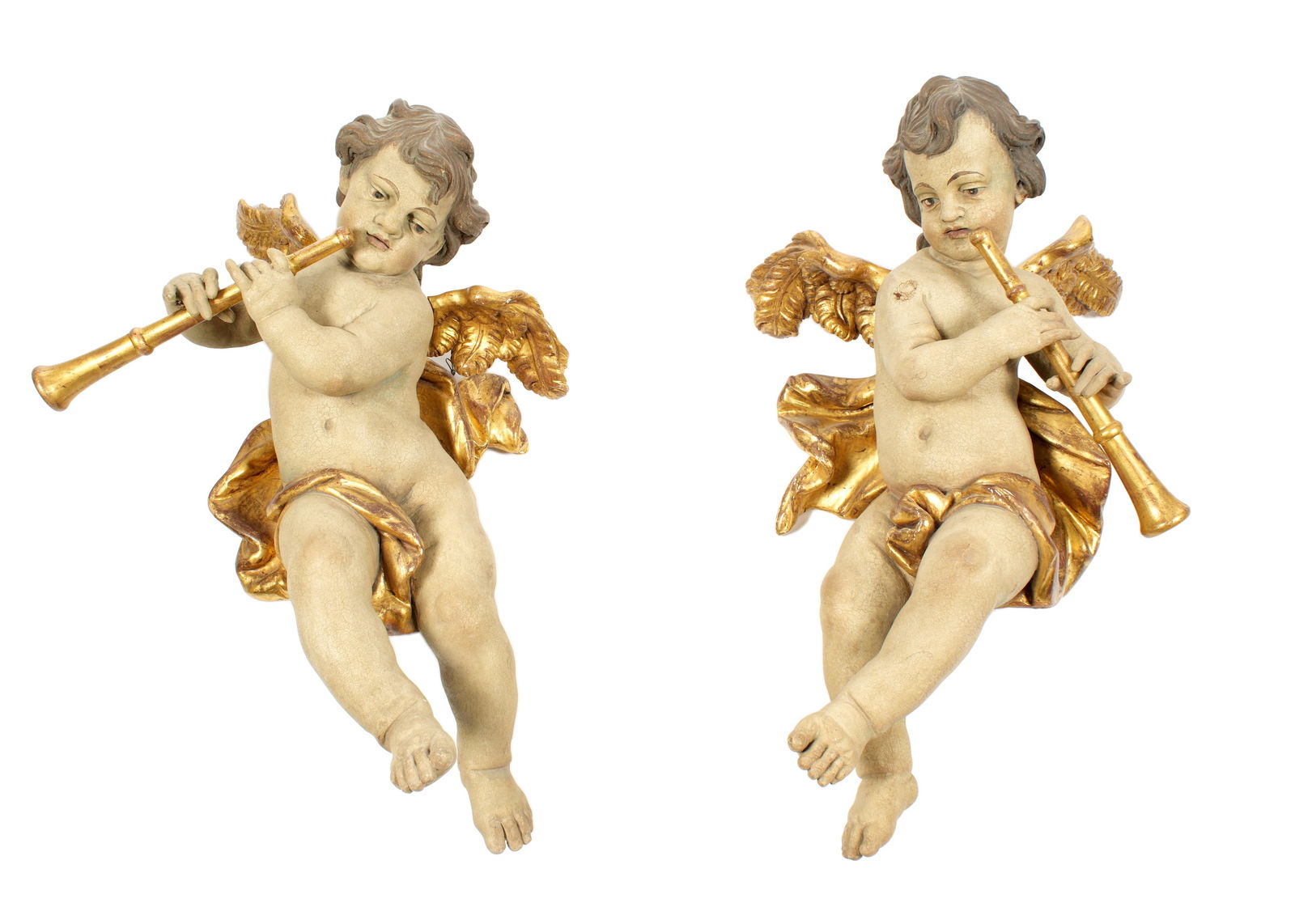 Pair Large Carved Painted and Gilt Wood Cherubs (1 of 6)