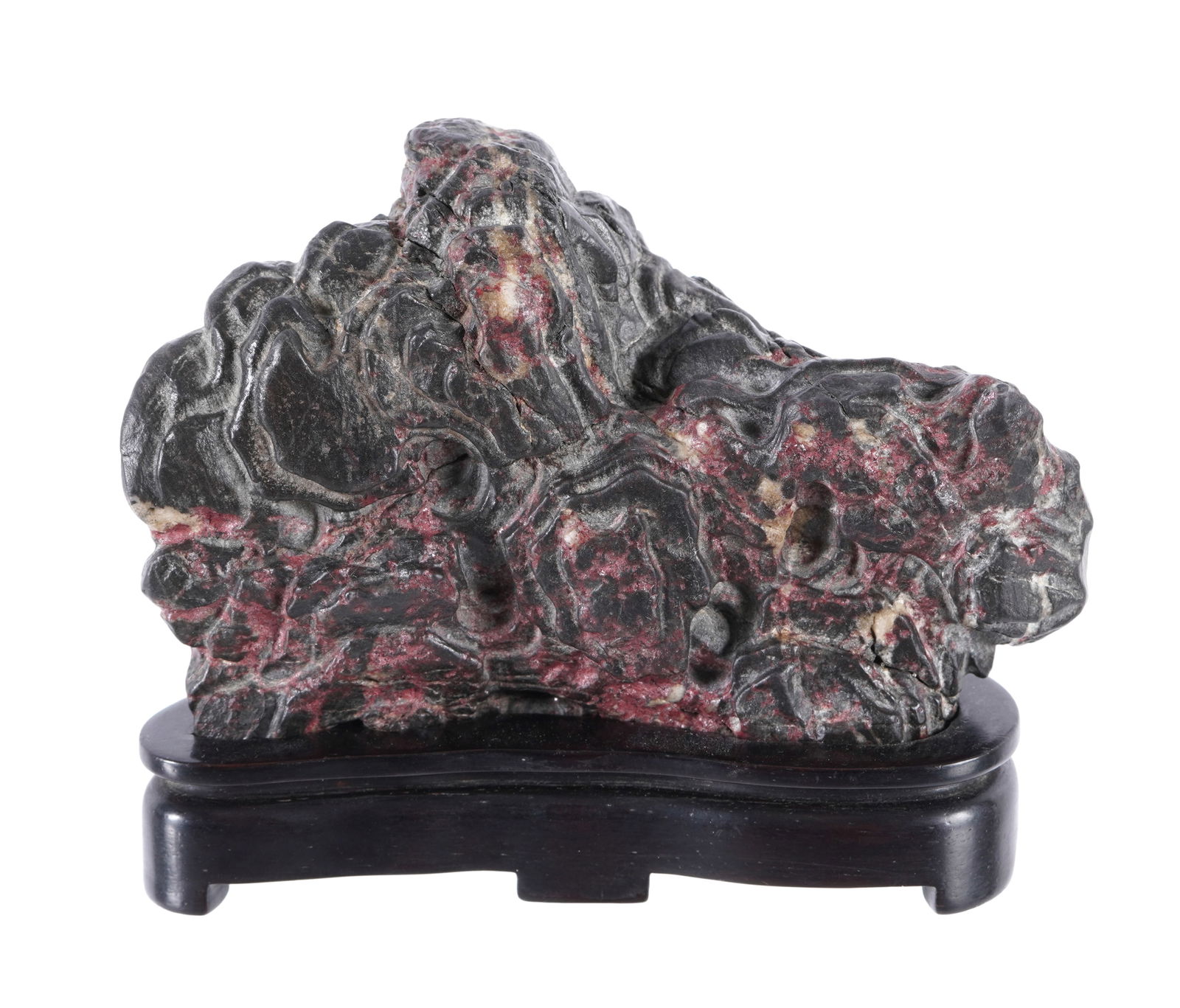 Chinese Carved Scholar's Rock on Stand: Carved scholar's rock, natural form, signed verso. Stone 3" h. x 4.75" x 1.5". Sold with fitted wood stand.