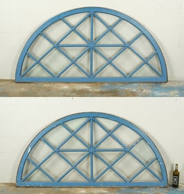 Pair Blue Painted Arched Transom Windows