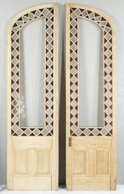 Pair Tall Arched Wood and Patterned Glass Solarium Doors