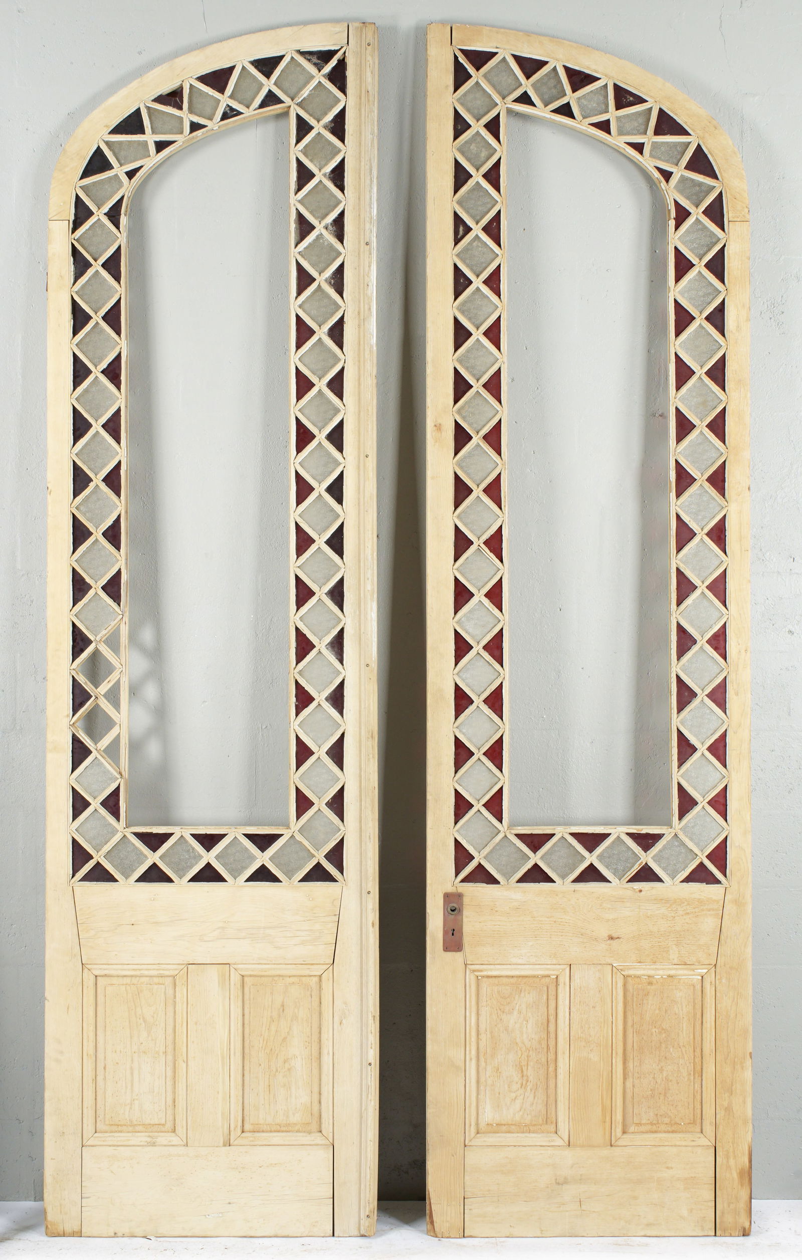 Pair Tall Arched Wood and Patterned Glass Solarium Doors (1 of 7)
