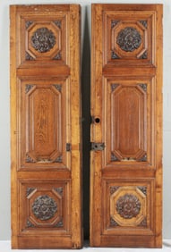 Pair French Carved Oak Doors with Floral Medallions