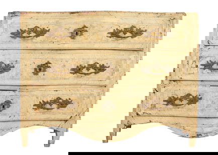 18th Century Italian Three Door Commode: Serpentine top over conforming three drawer case. Parquetry painted veneer drawer fronts and sides, bronze foliate pulls. Overall 35.75" h. x 48.5" x 26". Condition: Veneer damage, in need of restorat
