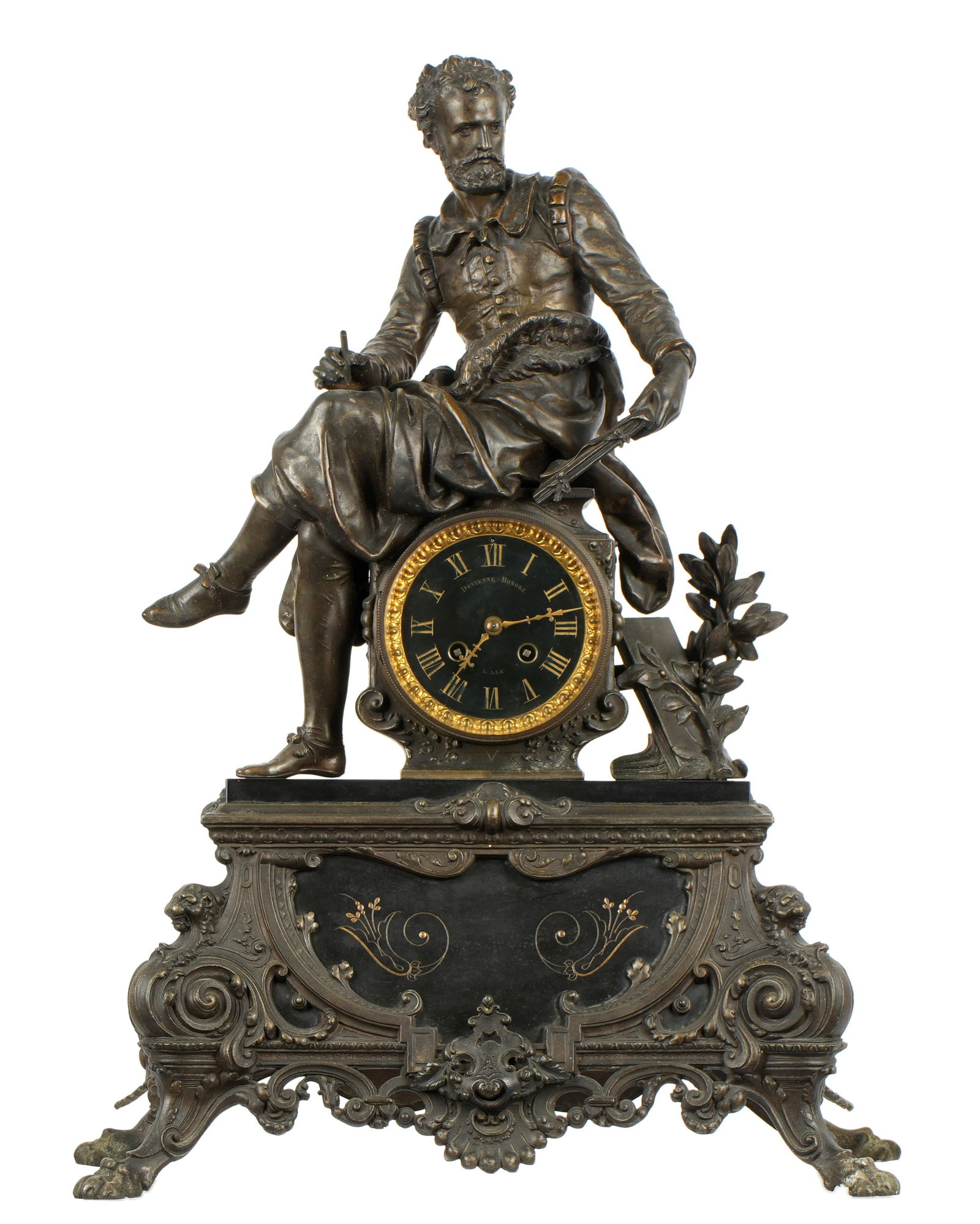 French Spelter and Stone Figural Mantle Clock (1 of 9)