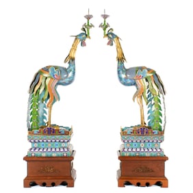 Pair Palatial Cloisonne Phoenix Censers on Stands