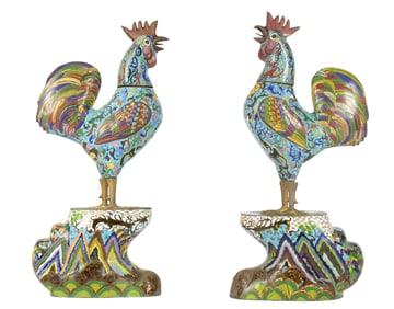 Pair Chinese Life Size Cloisonne Roosters