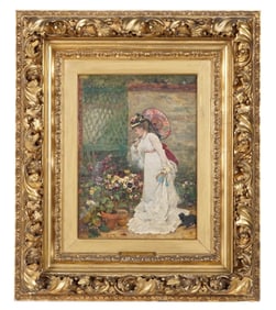 Armand Charnay Lady with Parasol in Flower Garden