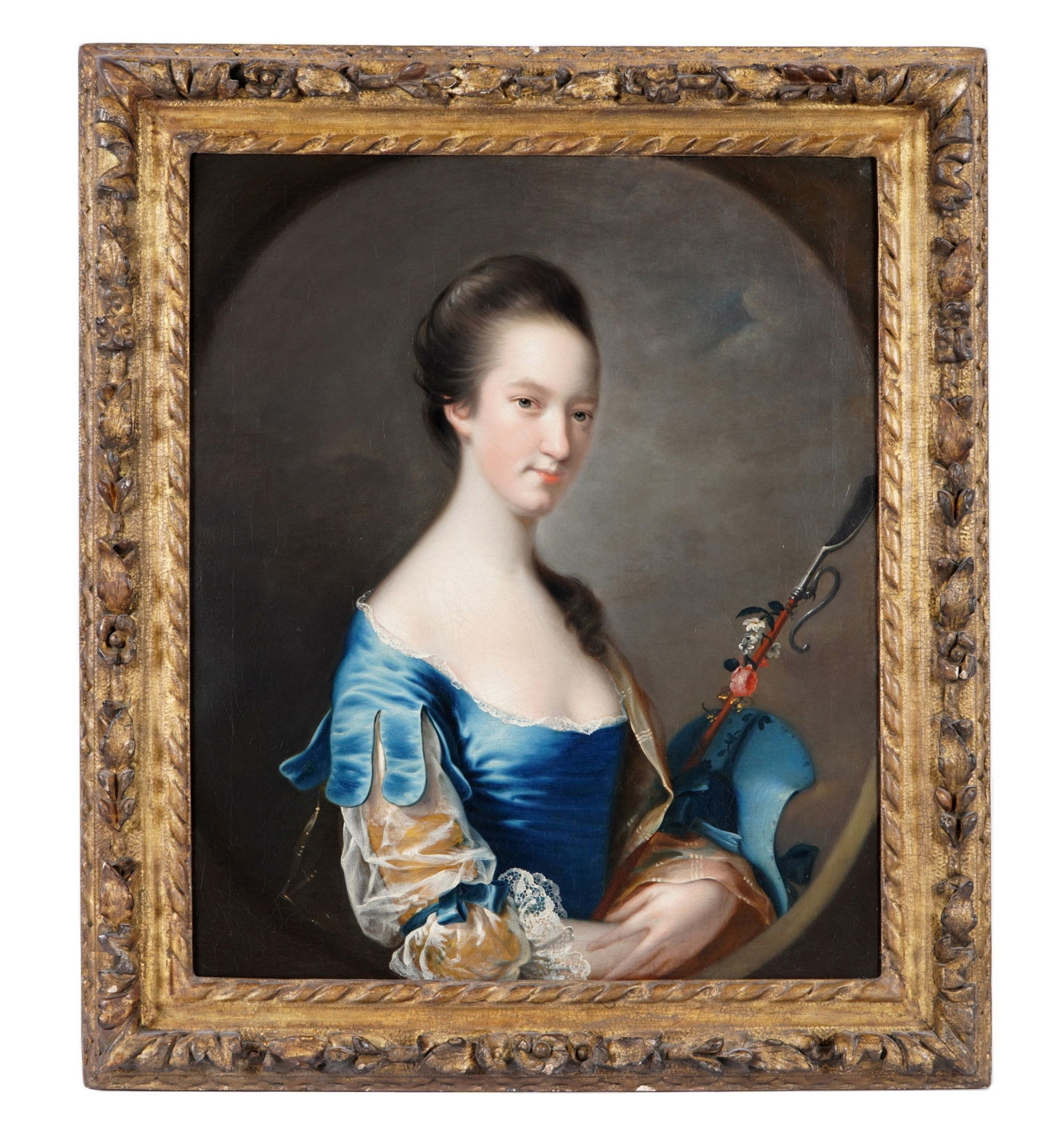 Joseph Wright of Derby Portrait of a Lady: WRIGHT of DERBY, Joseph, (British, 1734-1797): Half length portrait of a lady in a yellow and blue dress, holding a shepherds crook festooned with floral accents, Oil on Canvas, no visible signature,
