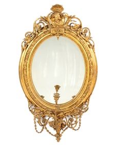 Carved Gilt Wood Gesso Oval Girandole Wall Mirror