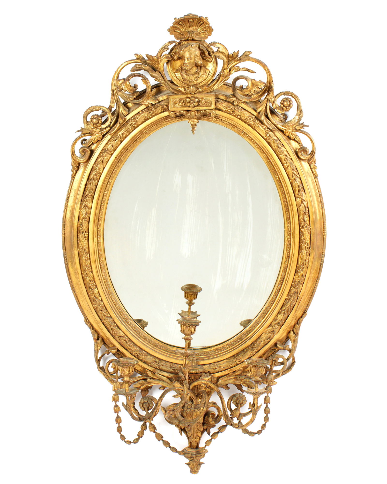 Carved Gilt Wood Gesso Oval Girandole Wall Mirror (1 of 5)