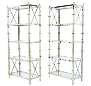 Pair Maison Jansen Style Brass & Chrome Etageres