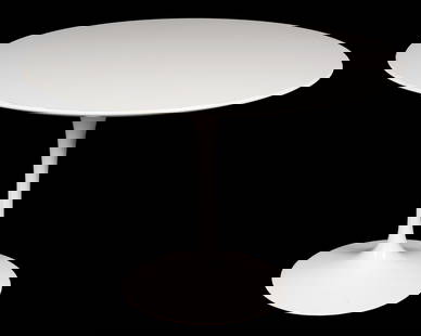 Eero Saarinen for Knoll Tulip Dining Table: Round white laminated wood top over enameled metal base with flared foot. Overall 29" h. x 42" top dia. Condition: Minor chips and wear to top.