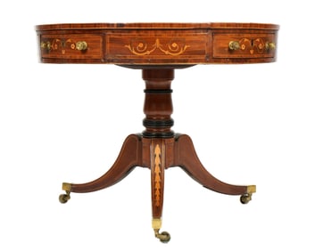 19th Century Marquetry Inlaid English Drum Table