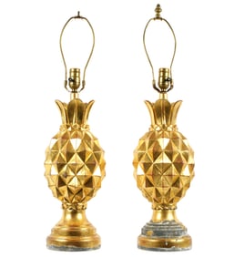 Pair Hollywood Regency Gilt Pineapple Lamps
