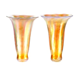 Pair Tiffany LCT Gold Favrile Glass Lily Shades