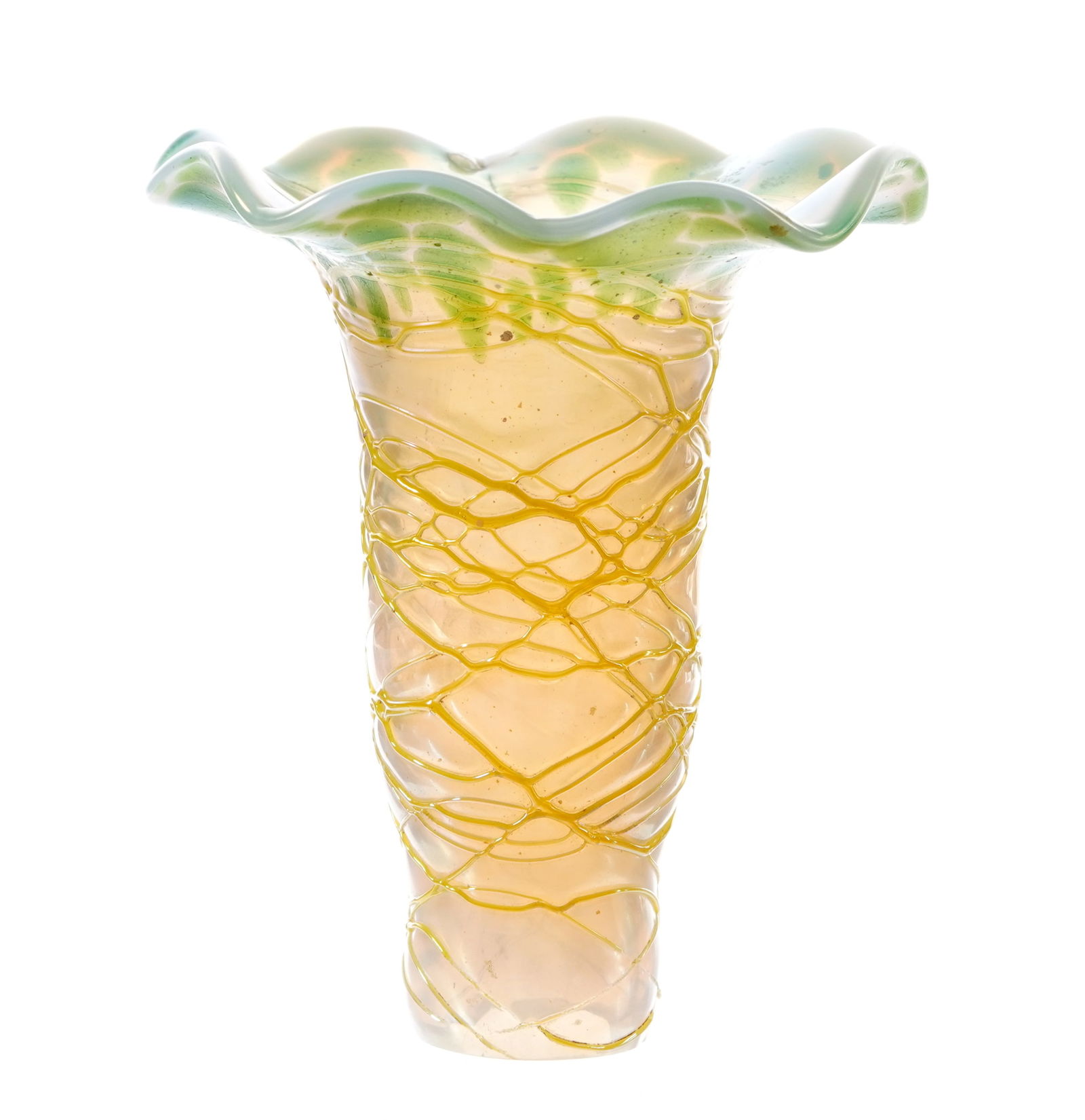 attr Pallme-Konig Threaded Glass Lily Shade: attributed to Pallme-Konig, iridescent threaded glass body, spotted ruffled bell rim, unmarked. 4.5 h. x 3.5". Condition: Discoloration spots. Glass bubble inside bell at rim.