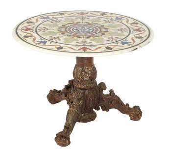 Italian Mosaic Marble Top Center Table: Round inlaid specimen marble top, stylized floral and foliate motifs. Brass clad collar over carved and turned pedestal support, three splayed carved foliate scroll legs ending in paw feet. Overall 26