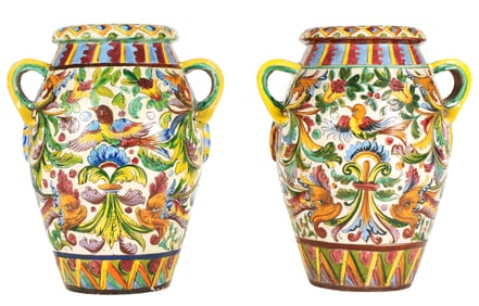 Pair Palatial Italian Faience Pottery Floor Urns