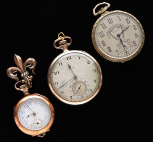 3 Gold Filled Pocket Watches Elgin Waltham Hampden
