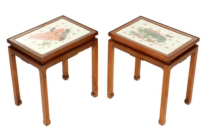 Pr Chinese Foo Dog Porcelain Inset Top Side Tables