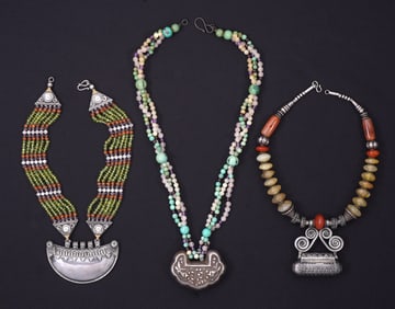3 Sino-Tibet Silver and Multi Stone Bead Necklaces
