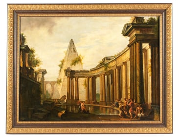 Italian School Capriccio Figures in Ruins Painting