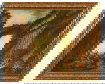 Italian School Capriccio Figures in Ruins Painting