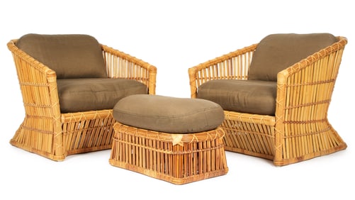 Pair Large McGuire Rattan Lounge Chairs & Ottoman