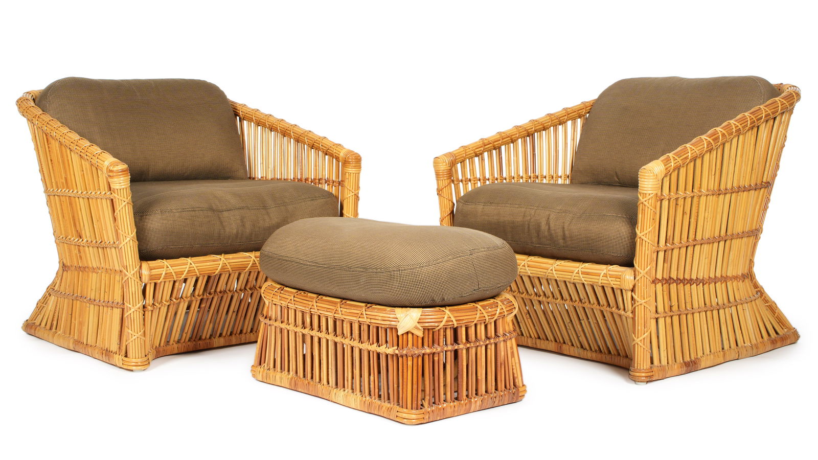 Pair Large McGuire Rattan Lounge Chairs & Ottoman (1 of 13)