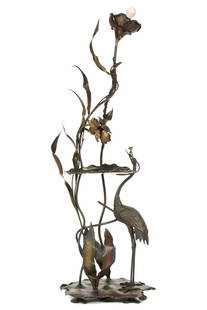 Austrian Patinated Bronze Figural Crane Lamp: Austrian patinated bronze and metal floor lamp, figural swan and flowering water lilies motif, one leaf shaped as a shelf, all on four feet, no visible markings. Two sockets, overall 63.5" h. x 23" x