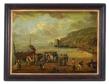 19th C. Coastal Beach Fishing Boats & Figures