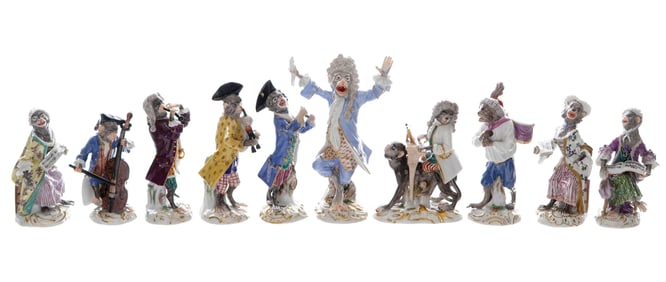10 Piece Meissen Monkey Band Porcelain Figures