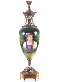French Champleve Mounted Porcelain Portrait Urn