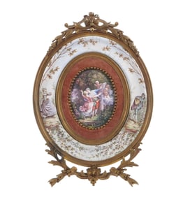 French Painted Porcelain Lovers Framed Plaque