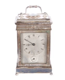 Ingold French Silvered Bronze Carriage Clock: Full size, made for the Turkish market, ornate silvered bronze case and handle, silvered dial with Turkish numerals, secondary alarm dial with Turkish numerals. Key wind time and single bell strike, m