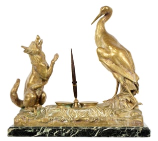 Large French Fox and the Stork Bronze Inkwell