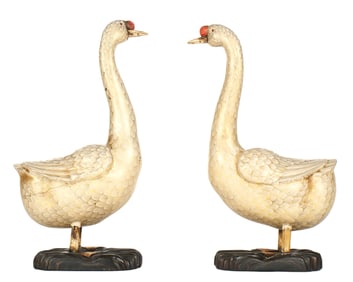 Pair Polychrome Painted Carved Wood Geese