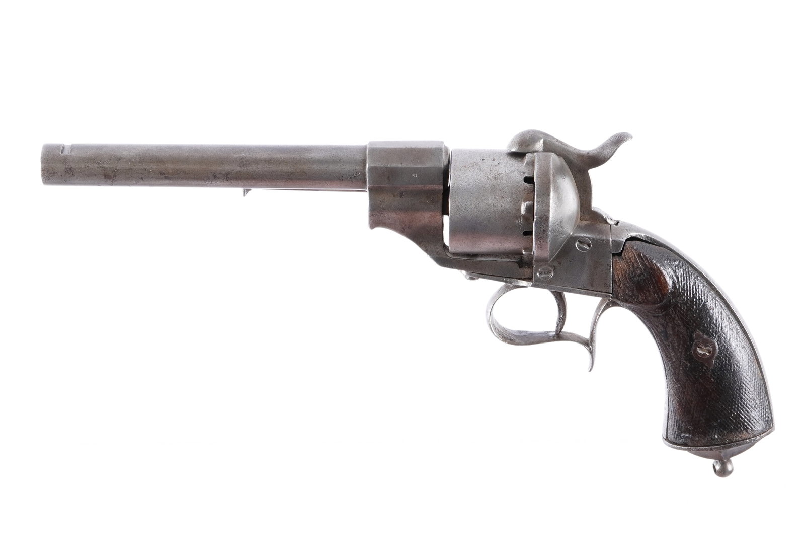 Civil War Era LeFaucheux Pinfire Revolver Pistol: Civil War era pinfire revolver based on the LeFaucheux design, six shot cylinder, 6 3/8" round rifled approx. .39 caliber barrel. Carved checkered wood grips. No apparent markings, action currently wo