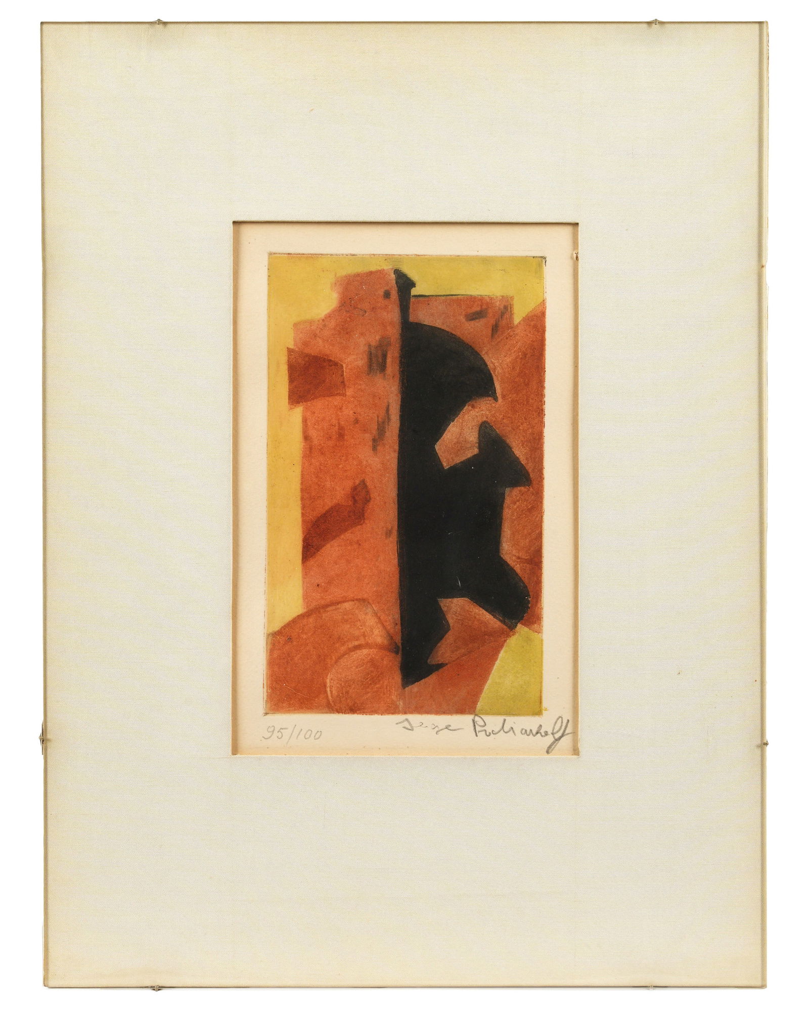 Serge Poliakoff Composition Orange Yellow Black: POLIAKOFF, Serge, (Russian, 1900-1969): 1957 Composition in Orange, Yellow, and Black, Lithograph on Paper, signed lower right, numbered 95/100 lower left, sight size 9.75" x 6.75", Kulicke frame 16"