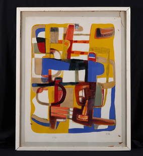 Maurice Esteve Jazz 1954 Lithograph: ESTEVE, Maurice, (French, 1904-2001): "Jazz, 1954", abstract composition, Lithograph on Paper, signed lower right and lower left, unnumbered, 25.75" x 19.75", framed 29.5" x 23.5". Condition: Minor to