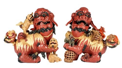 Pair Large Carved Polychrome Painted Foo Dogs