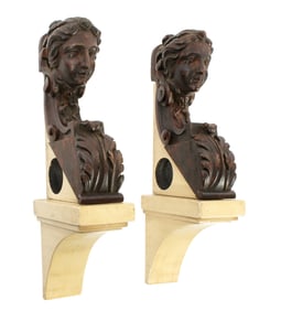 Pair Carved Wood Figural Curtain Rod Holders