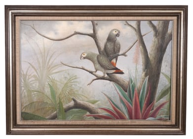Guy Parson African Grey Parrots in Tree Painting