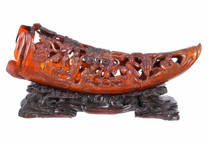 Chinese Carved Horn on Stand